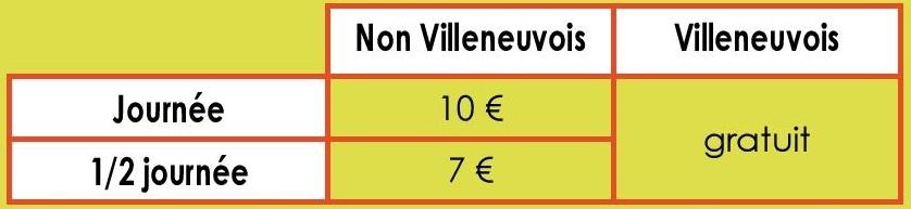 tableau des tarifs pour accueil de loisir