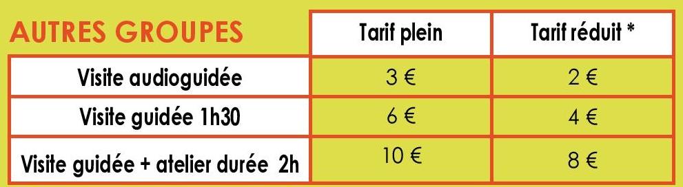 tableau des tarifs pour groupes d'adultes